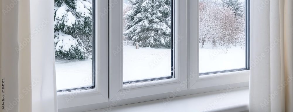 Frosted trees create a serene winter view from a spacious room featuring expansive windows in a bright atmosphere. Frosted trees create a serene winter view from a spacious room featuring expansive windows in a bright atmosphere.