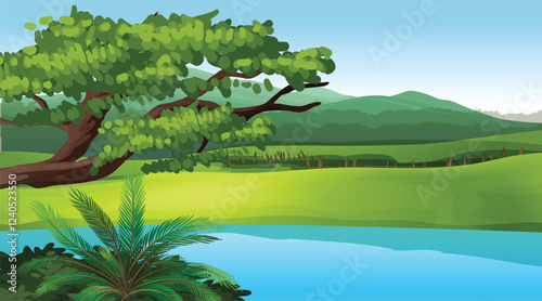 Mountain lake landscape vector illustration. Cartoon flat panorama of spring summer beautiful nature, green grasslands meadow with flowers, forest, scenic blue lake and mountains on horizon background