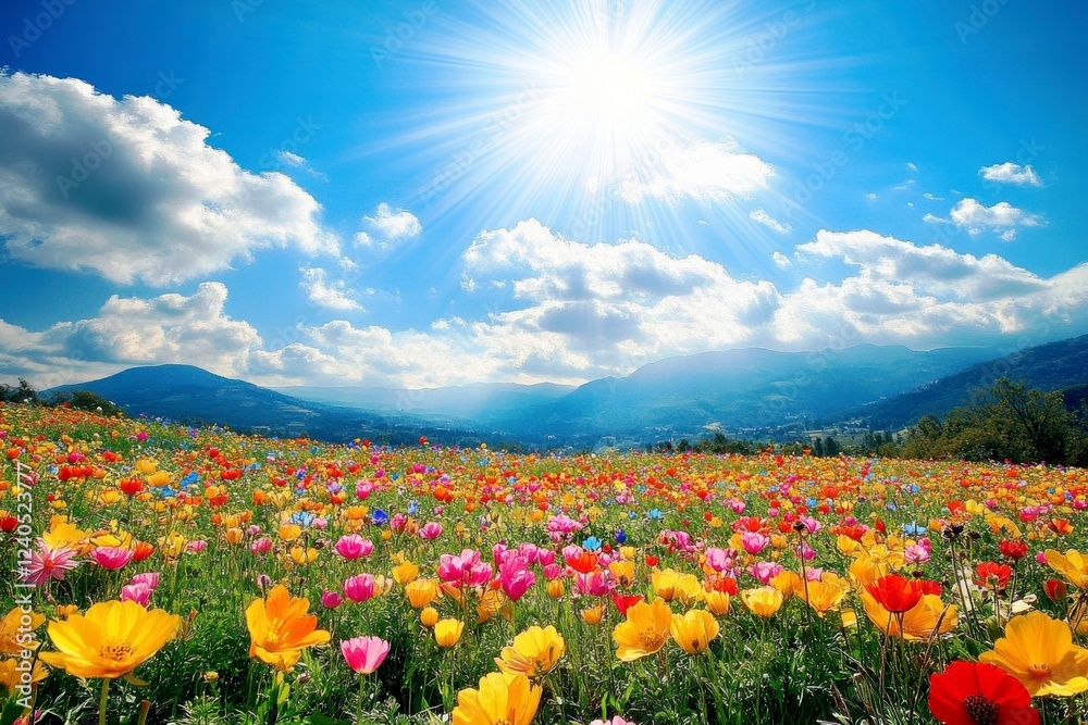 Vibrant Field of Colorful Flowers Under Bright Blue Sky with Radiant Sunlight Illuminating Nature’s Beauty in Scenic Landscape Vibrant Field of Colorful Flowers Under Bright Blue Sky with Radiant Sunlight Illuminating Nature’s Beauty in Scenic Landscape