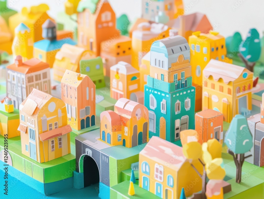 Fototapeta premium Small toy houses arranged in a playful and colorful display for creative imagination