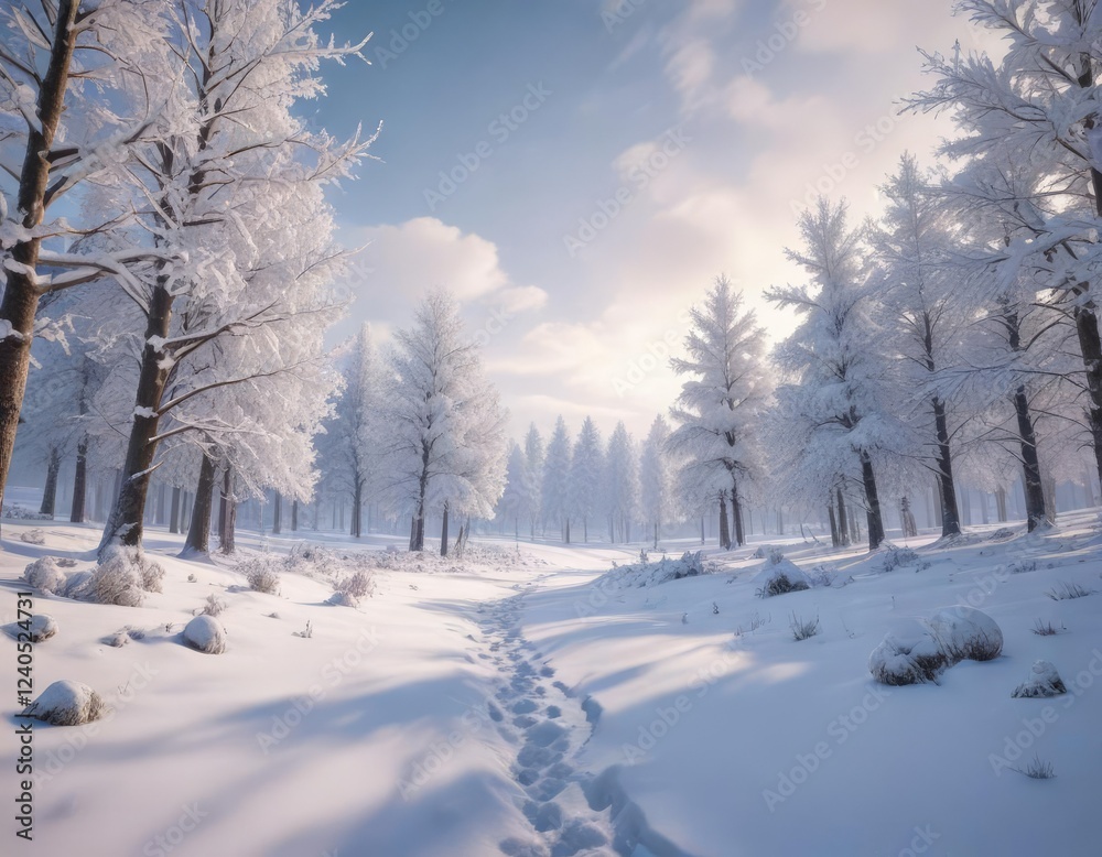 Obraz premium Romantic snowy scene with snow-covered trees in the distance, nature, forest