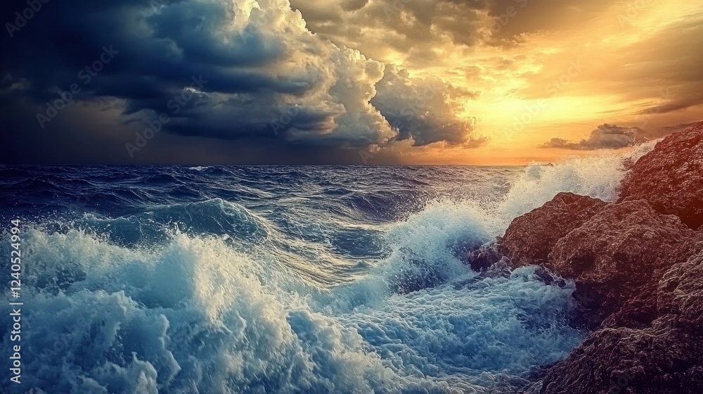 Fototapeta premium Dramatic Ocean Waves Crash Against Rocky Shore Under Sunset Sky