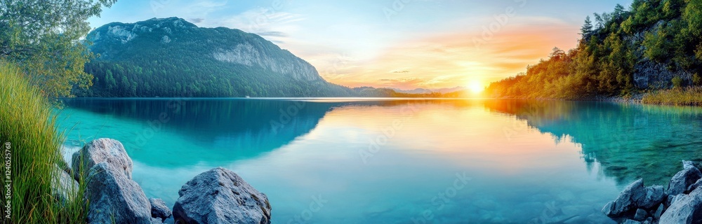 Fototapeta premium Serene Sunrise Over Tranquil Lake Surrounded by Lush Green Mountains and Clear Blue Sky Reflecting on Calm Water Surface