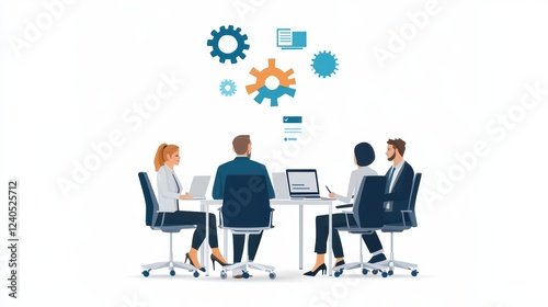 Diverse team collaborating in office meeting with infographic elements