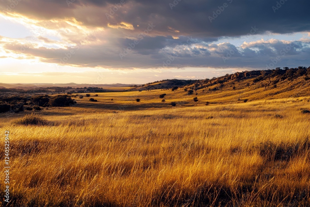 Serene Sunset Over Golden Grassland with Rolling Hills and Dramatic Clouds in a Picturesque Landscape at Dusk Serene Sunset Over Golden Grassland with Rolling Hills and Dramatic Clouds in a Picturesque Landscape at Dusk