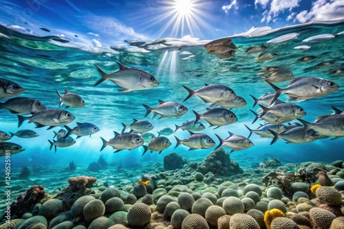 Schools of silvery fish swim through the crystal clear waters of a coral reef, ocean biodiversity, silvery fish, underwater landscape, coral reef photo