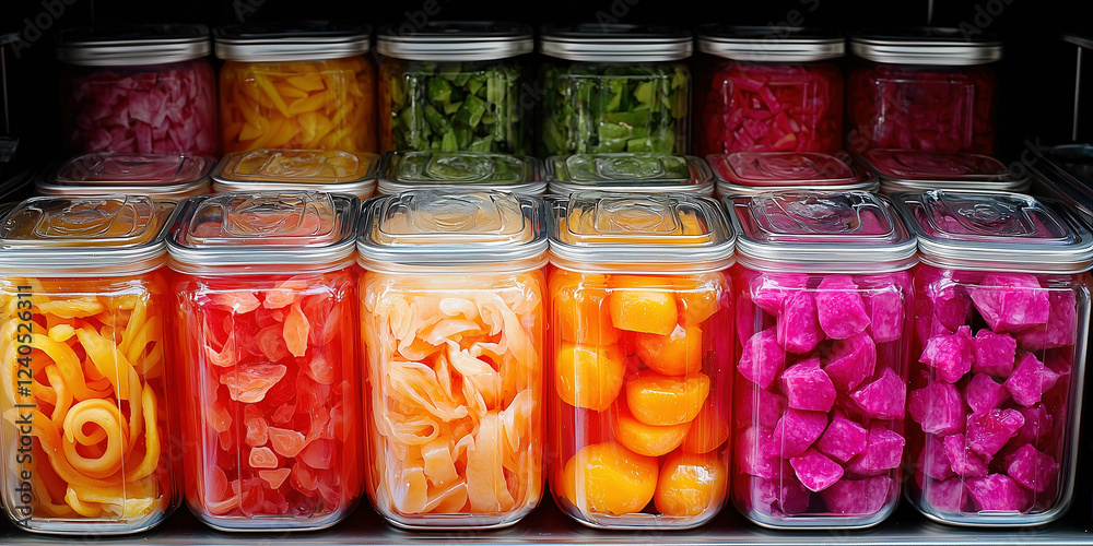 colorful jars of pickled vegetables and fruits in a preserved pantry display colorful jars of pickled vegetables and fruits in a preserved pantry display