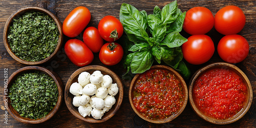 Italian ingredients for caprese, pizza and tomato based dishes. Mozzarella herbs and tomato sauce on a rustic wooden table.