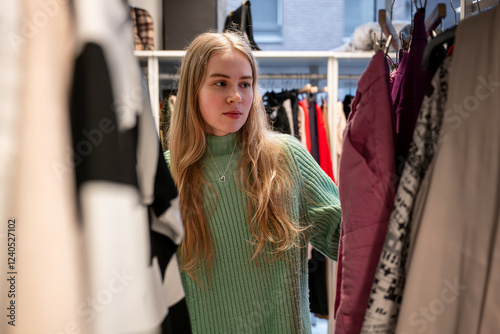 Young woman choosing clothes in a in thrift store