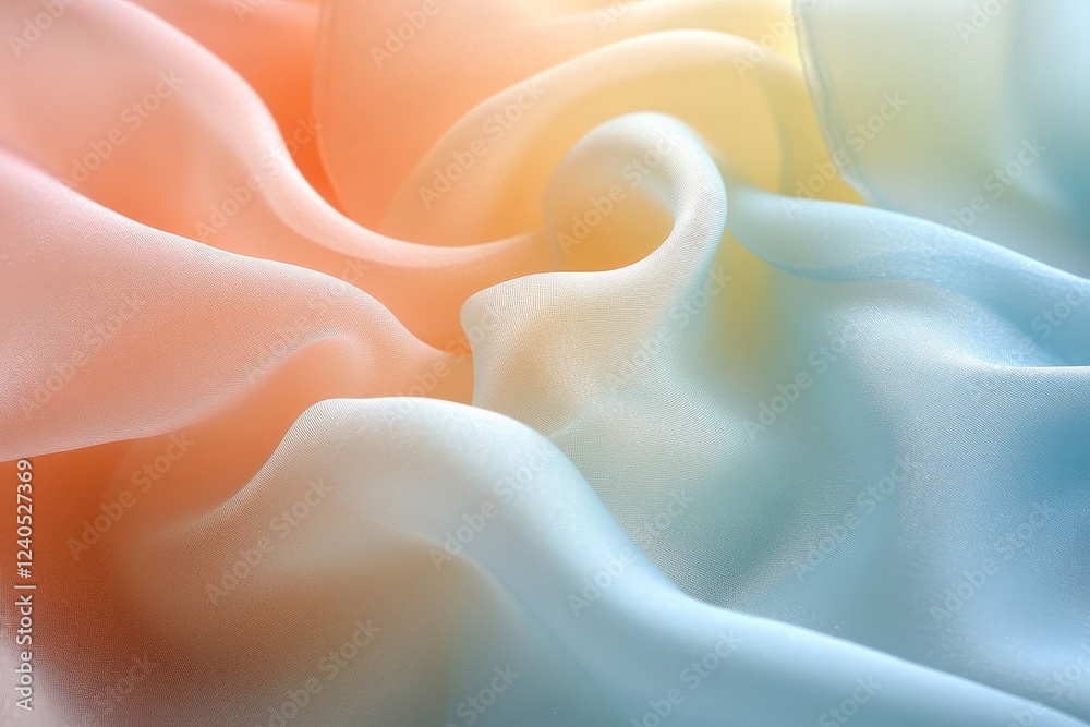 Fototapeta premium Soft silk fabric in gradient colors of peach and blue flows gracefully, creating a delicate texture and allure