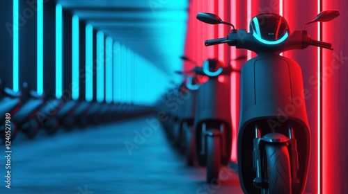 Electric scooters in a modern parking garage urban setting