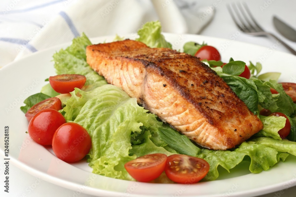 Sizzling salmon fillet served atop a bed of crisp lettuce and juicy tomatoes, green leafy greens, seafood dishes Sizzling salmon fillet served atop a bed of crisp lettuce and juicy tomatoes, green leafy greens, seafood dishes