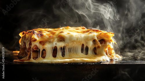 Baked lasagna with oozing melted cheese