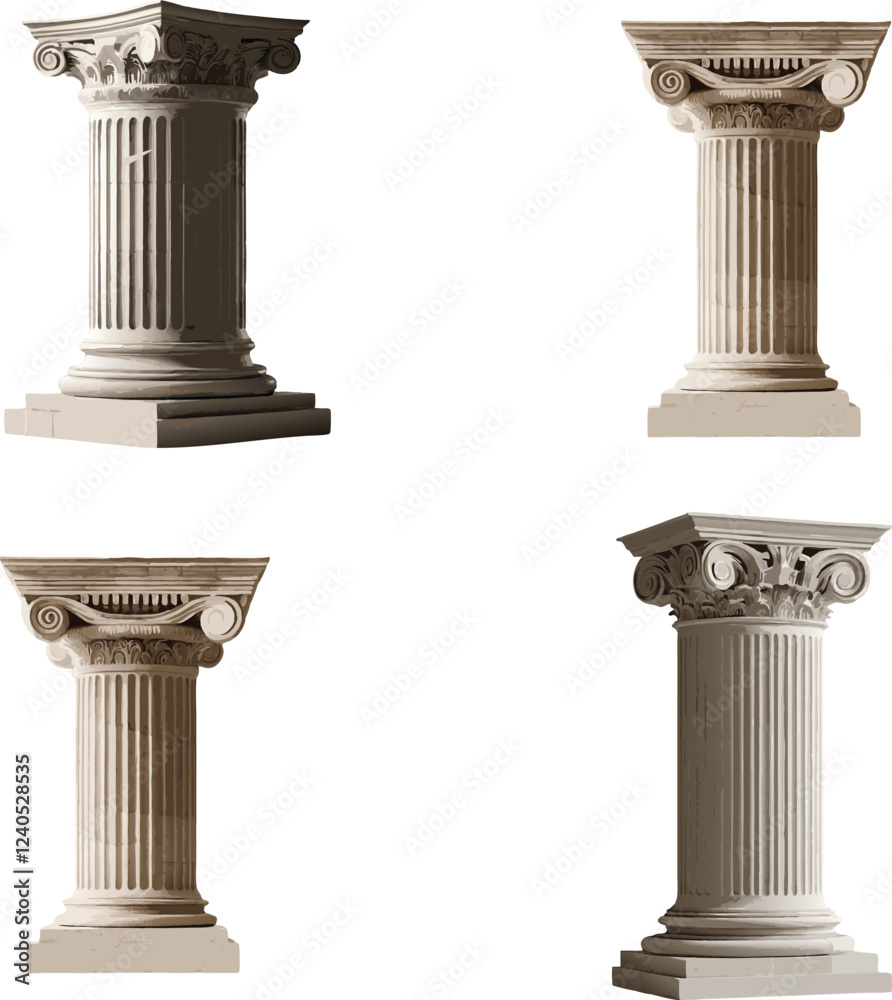 Majestic Column set with Doric or Ionic Capital on White Background Majestic Column set with Doric or Ionic Capital on White Background