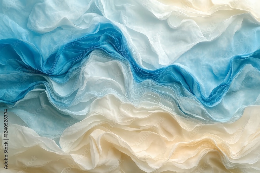 Fototapeta premium Flowing layers of blue and cream fabric create a serene and textured visual in a soft, dreamlike arrangement