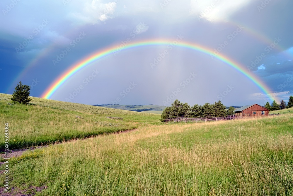 Vibrant Rainbow Over Green Meadow with Rustic Barn Under Dramatic Sky and Rolling Hills in a Serene Countryside Landscape Vibrant Rainbow Over Green Meadow with Rustic Barn Under Dramatic Sky and Rolling Hills in a Serene Countryside Landscape