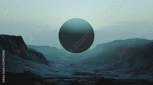 Large, dark sphere hangs in the air above a desolate, otherworldly landscape as the sun begins to rise photo