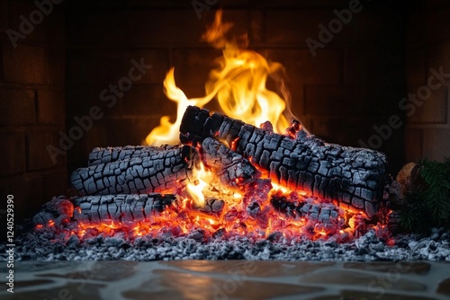 Cozy fireplace with glowing embers and crackling flames during a winter evening photo