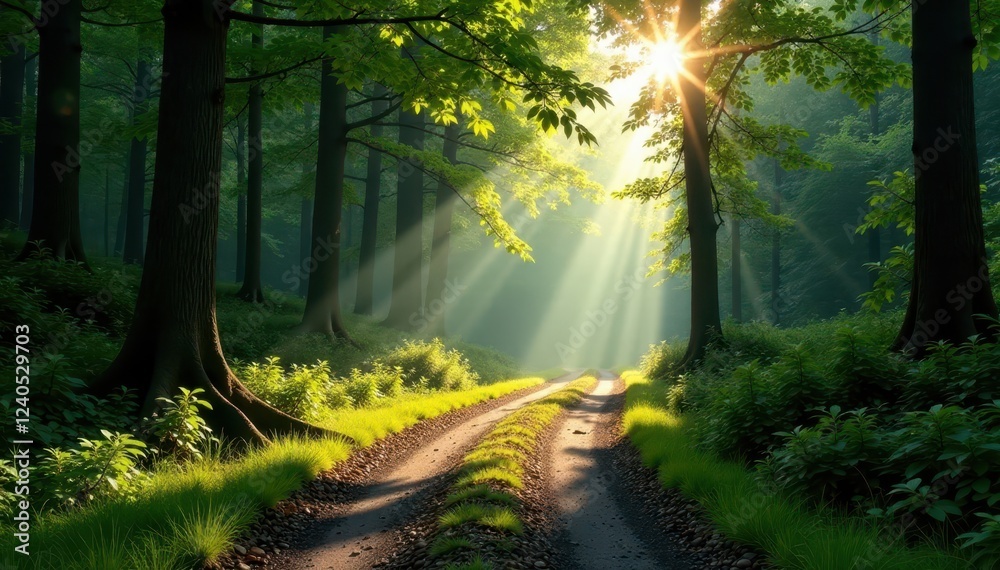 Obraz premium Sunlight filters through the canopy above a serpentine forest road, wilderness path, sunlight, forest scenery