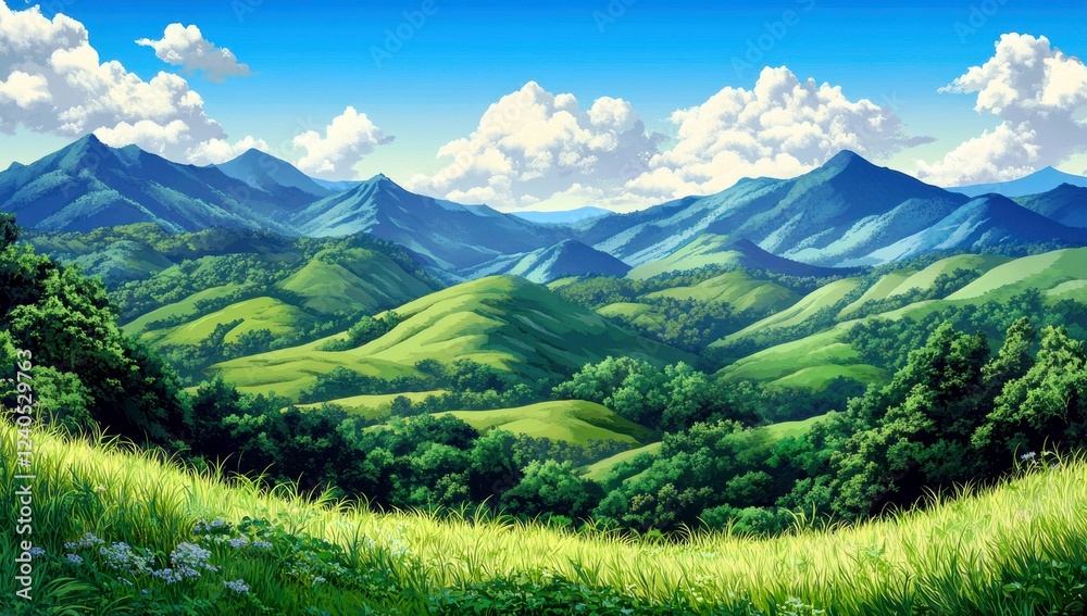 Fototapeta premium Lush Green Hills with Majestic Mountains Under a Clear Blue Sky and Fluffy White Clouds in a Serene Landscape Scene