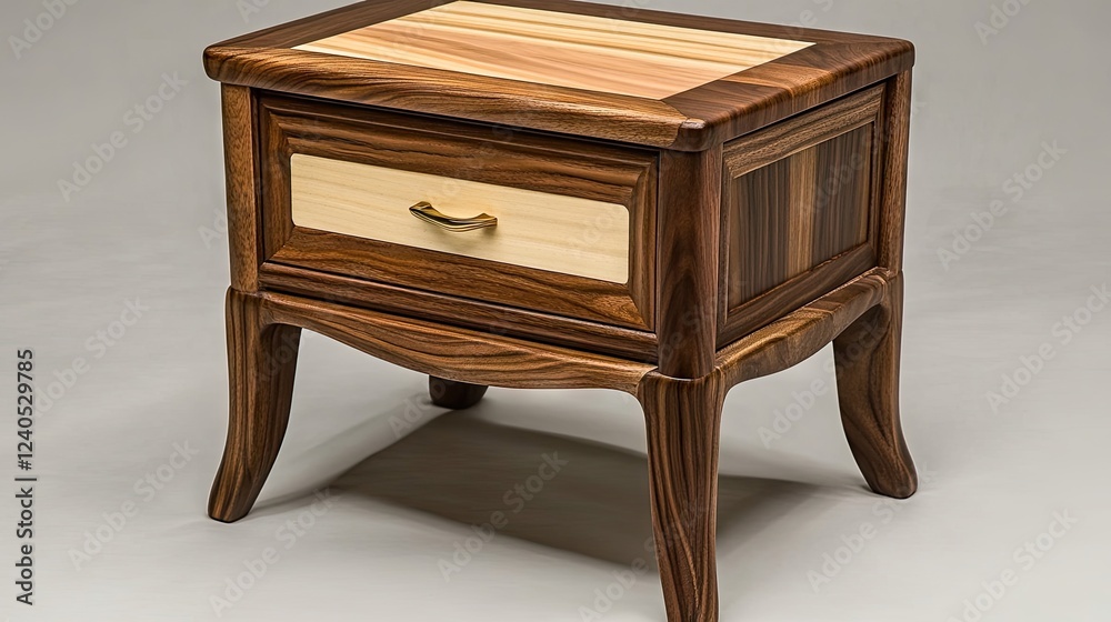 Wooden nightstand with a freshly applied coat of protective finish. Wooden nightstand with a freshly applied coat of protective finish.