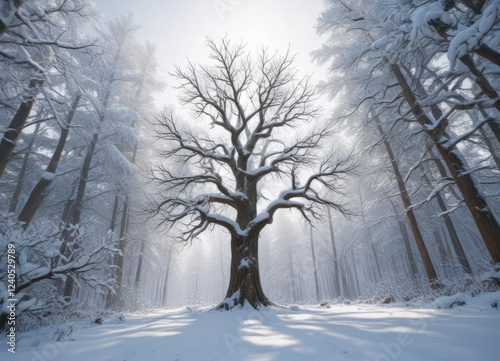 Snow-covered tree in the forest with branches stretching towards the sky, frosty, forest, nature