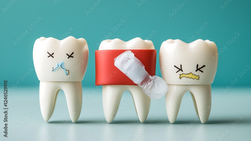 Obraz premium Cartoon teeth in distress dental care awareness animated characters playful environment close-up view oral health education