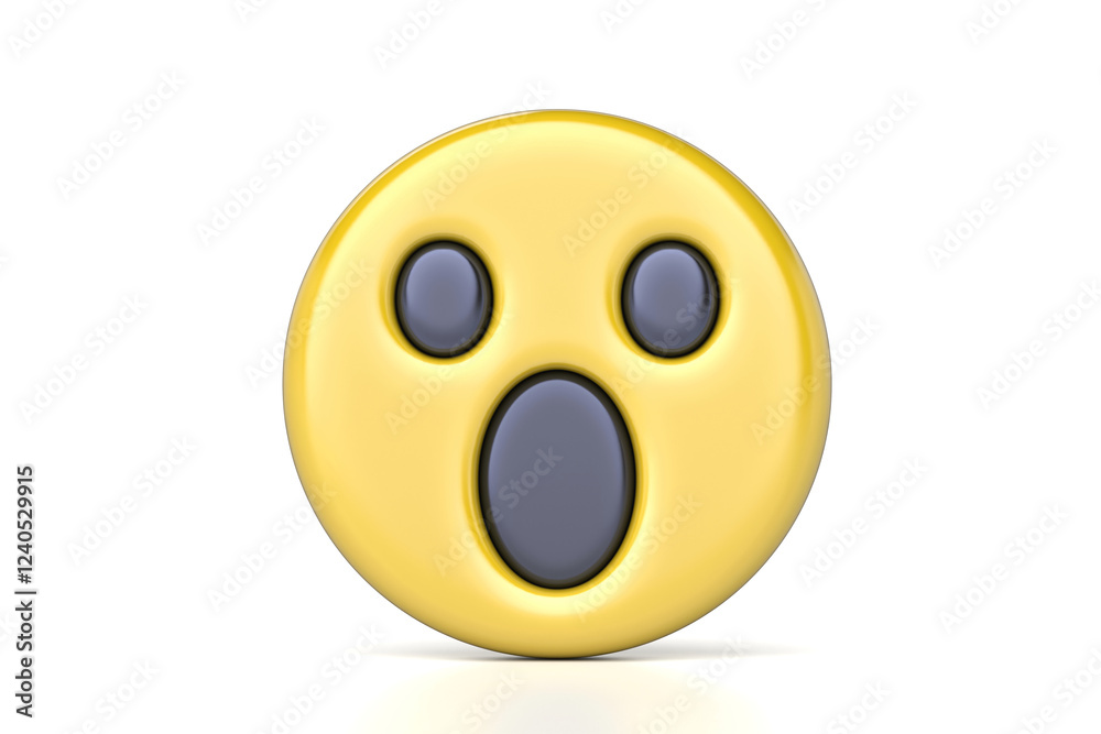 Surprised emoticon, 3D rendering of classic surprised emoticon, with wide eyes and open mouth, conveying shock, astonishment, or unexpected news