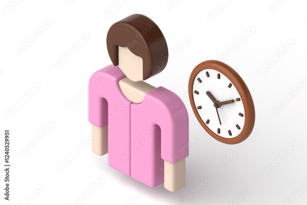 Isometric view of minimal icon of woman with clock, symbolizing time management, scheduling, deadlines, or punctuality, character has simple with soft pastel colors, 3d rendering