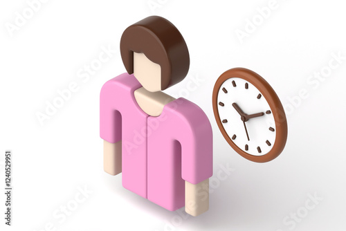 Obraz na płótnie Isometric view of minimal icon of woman with clock, symbolizing time management, scheduling, deadlines, or punctuality, character has simple with soft pastel colors, 3d rendering w salonie