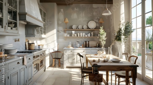 Sunlit kitchen with duck egg details and a mix of diverse, elegant furnishings