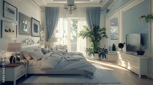 Bright bedroom with duck egg bedding, natural light, and a variety of diverse, elegant decor