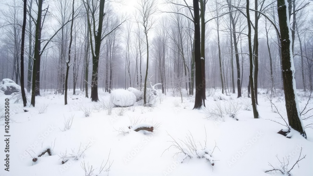 Snowy forest landscape with bare trees and frosty air, serene, icy, forest Snowy forest landscape with bare trees and frosty air, serene, icy, forest