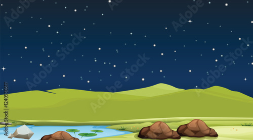 Meadow with grass, pond, conifers and hills on horizon at night. Vector illustration of summer landscape of field or pasture with plants, lake, full moon and stars in dark sky