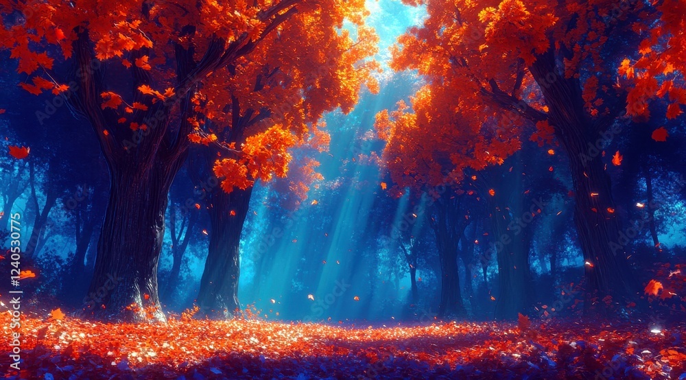 Naklejka premium Enchanting Autumn Forest with Vibrant Orange Leaves and Soft Sunlight Filtering Through Trees in a Mystical Blue Atmosphere
