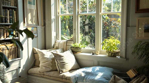 Sun-filled reading nook with duck egg cushions and a blend of diverse, elegant decor elements