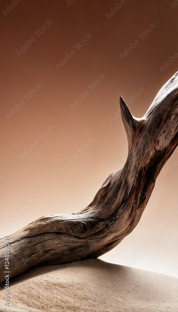 The image features a gracefully curved piece of driftwood partially buried in soft desert sand. The weathered texture of the wood, combined with the warm, earthy tones of the background, creates a ser The image features a gracefully curved piece of driftwood partially buried in soft desert sand. The weathered texture of the wood, combined with the warm, earthy tones of the background, creates a ser
