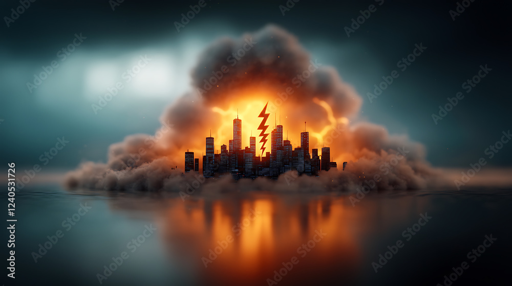 Fototapeta premium Thunderous electric power hologram displayed over urban landscape capturing a dramatic stormy atmosphere futuristic concept artistic vision