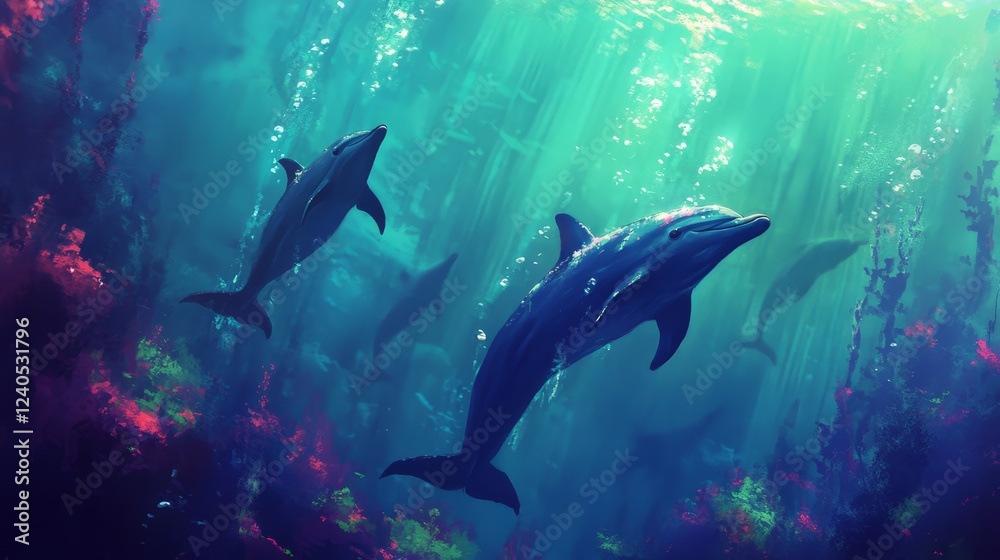 Fototapeta premium illustrations of dolphins swimming underwater in the sea