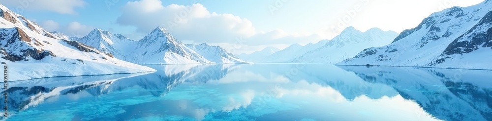 A frozen lake made entirely of liquid marble, with delicate mountains rising from its surface, winter, serene A frozen lake made entirely of liquid marble, with delicate mountains rising from its surface, winter, serene