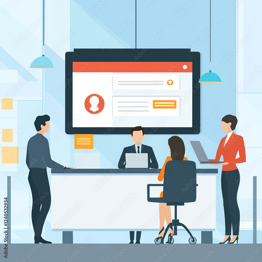 Professional employees collaborating in modern office setting, discussing notification system on large screen. atmosphere is focused and productive Professional employees collaborating in modern office setting, discussing notification system on large screen. atmosphere is focused and productive