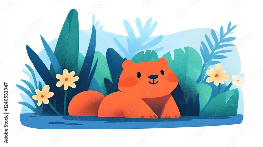 Fototapeta premium Happy otter swimming tropical foliage pond illustration