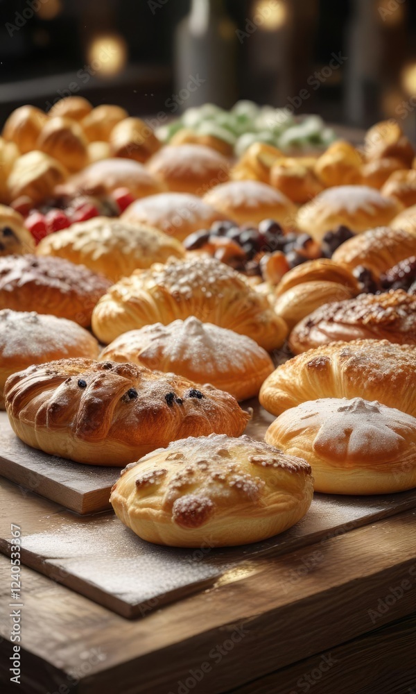Sparkling sugar dusted over a display of pastries, magical, christmas Sparkling sugar dusted over a display of pastries, magical, christmas