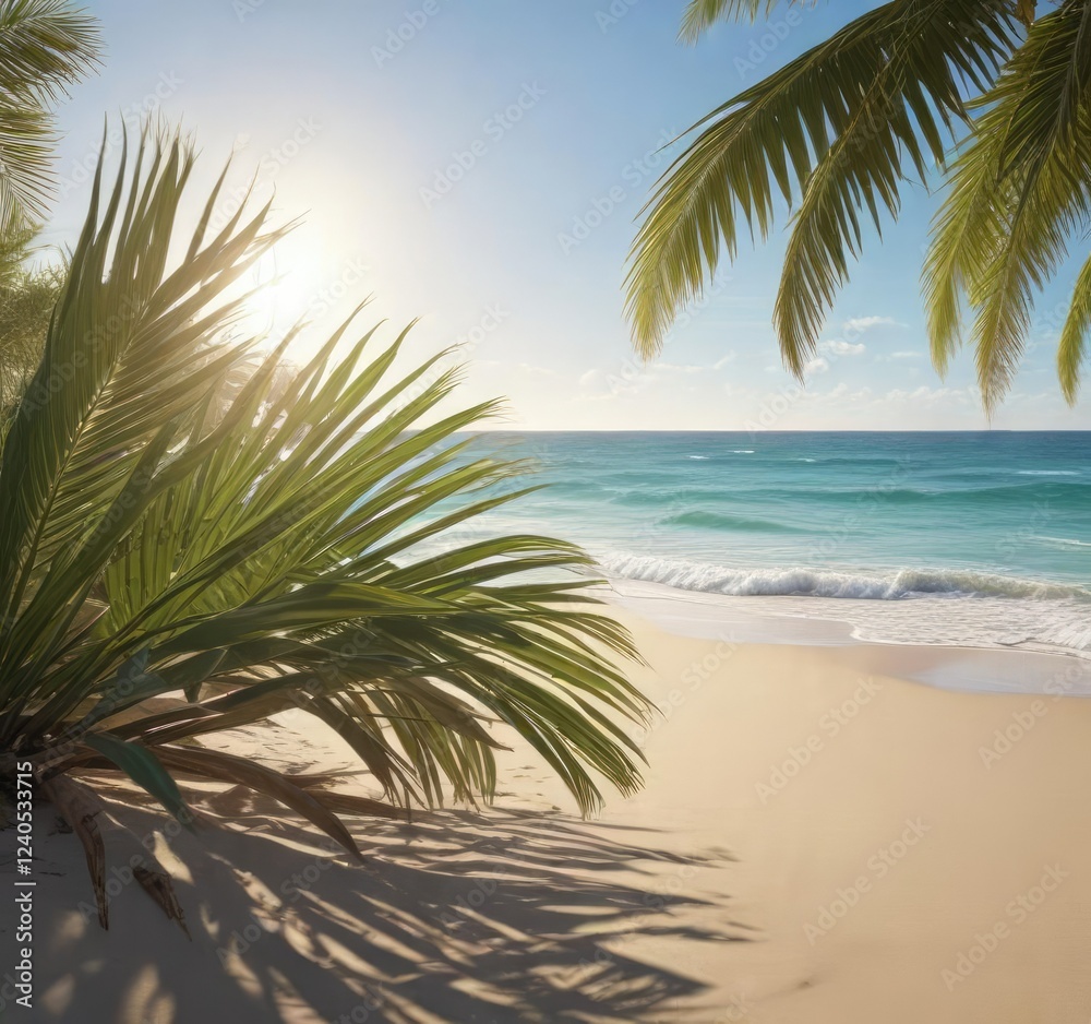 Fototapeta premium Palm fronds rustle in ocean breeze amidst sandy beach, palm fronds, outdoor setting, palm trees