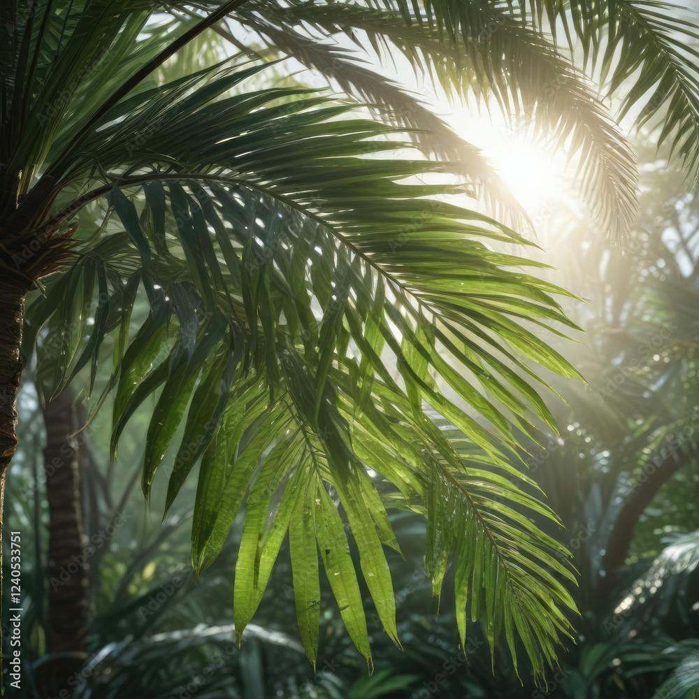 Fototapeta premium Palm leaves shimmering with dew and sunlight in the morning, sunlight filter, palm tree, green leaves