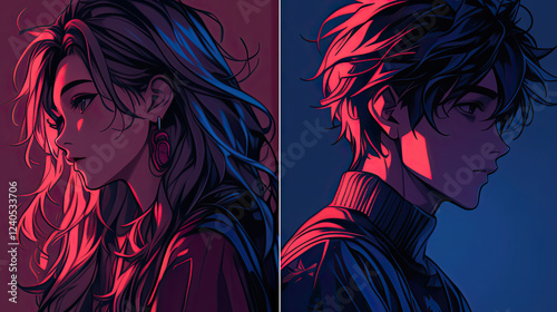 A captivating anime-style portrait of a young couple, bathed in vibrant neon light.