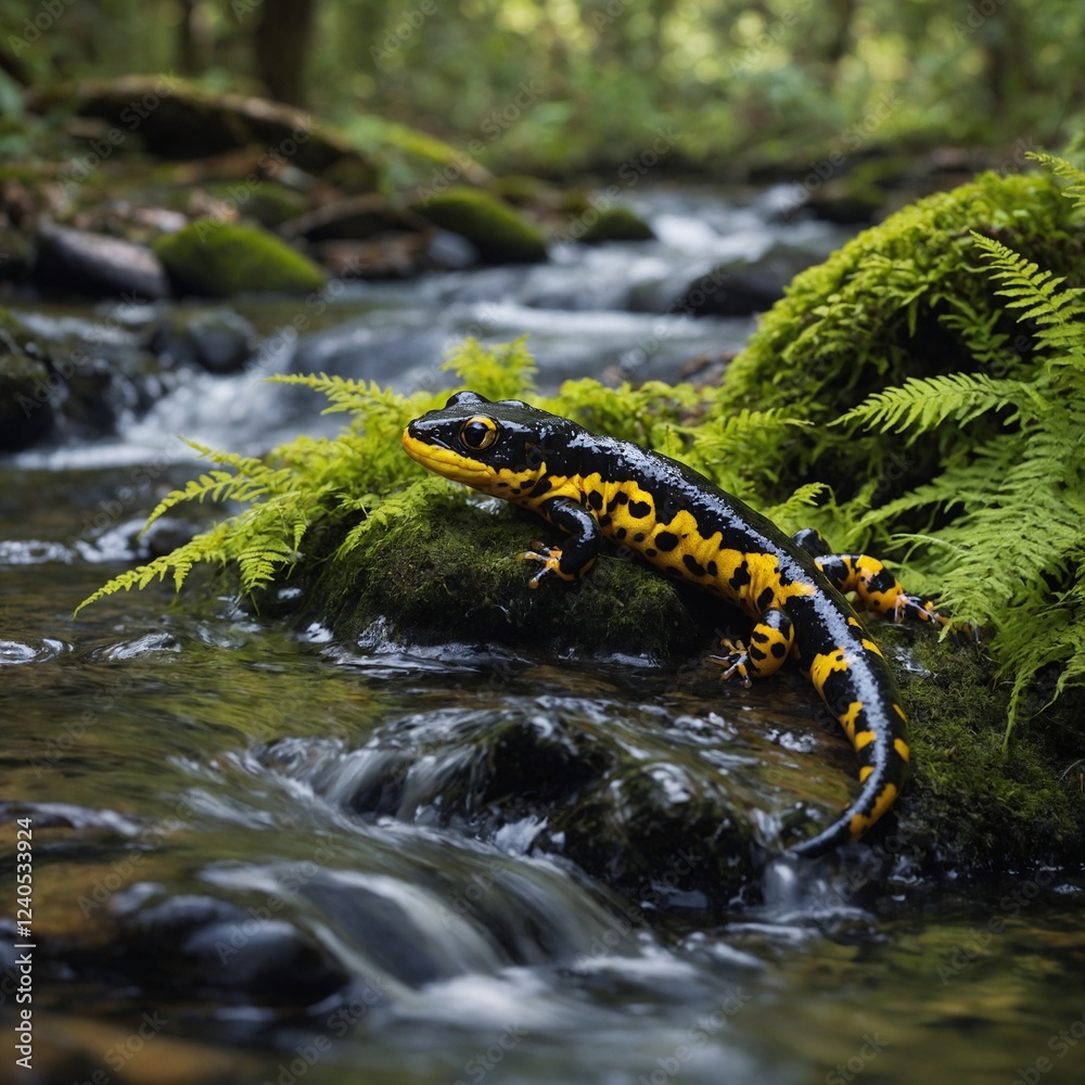 Fire Salamander Resting Near a Stream. Fire Salamander Resting Near a Stream.