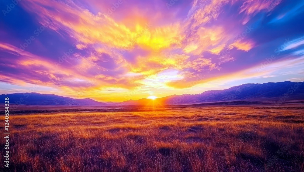 Obraz premium Vibrant Sunset Over Golden Grasslands with Majestic Mountains Under Colorful Sky Displaying Shades of Orange, Pink, Purple, and Blue at Dusk
