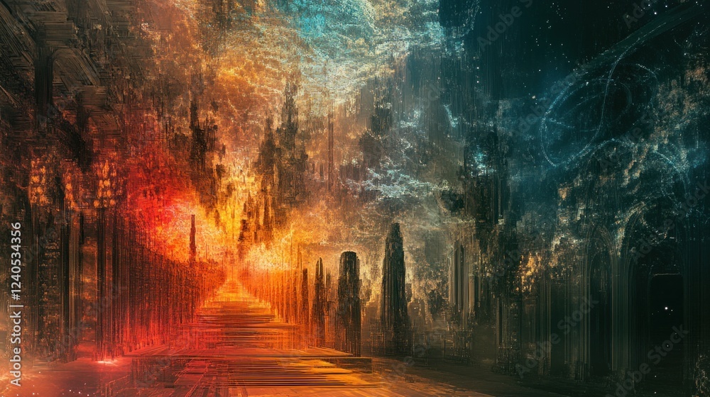 Naklejka premium A Surreal Journey Through a Celestial Cityscape: An Ethereal Path to the Cosmos