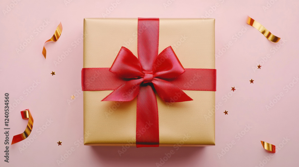 Elegant gold gift box with red ribbon for celebrations and special occasions Elegant gold gift box with red ribbon for celebrations and special occasions
